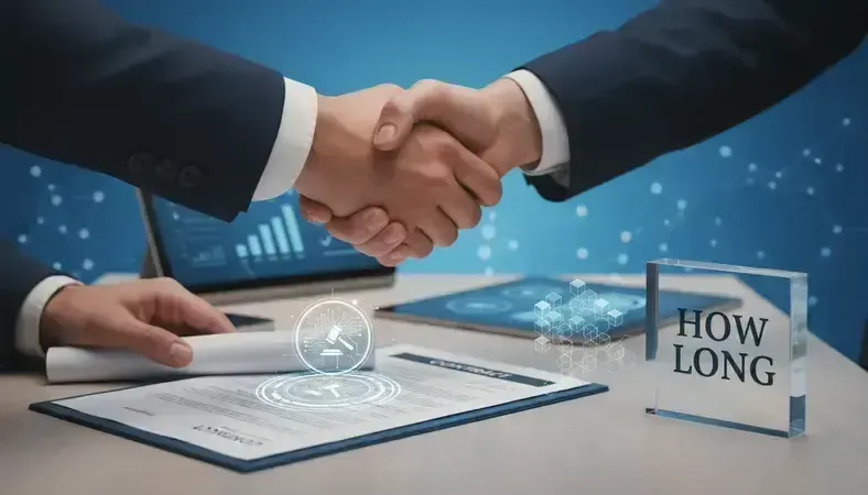 Professional handshake over translated documents with digital notary seal visible