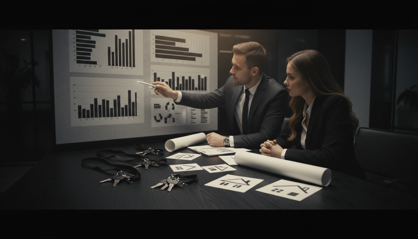 Professional financial advisor pointing to comparison charts while consulting with homebuyers