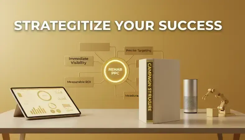 Infographic showing key benefits of rehab PPC including immediate visibility, precise targeting, and measurable ROI