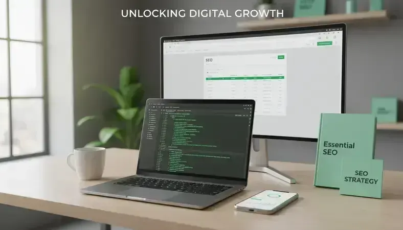 Professional workspace with SEO tools and analytics dashboards displayed on multiple monitors