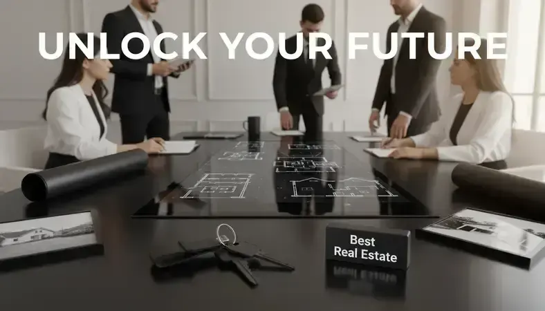 Professional real estate office with agents collaborating and modern technology displays