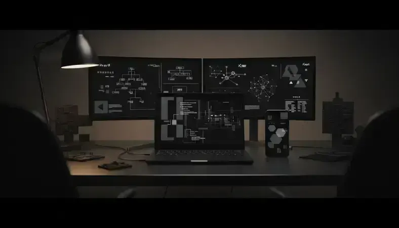 Modern workspace showing multiple screens with various AI chatbot interfaces and development tools