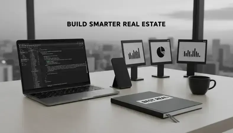 Modern real estate office with digital marketing tools and analytics dashboards