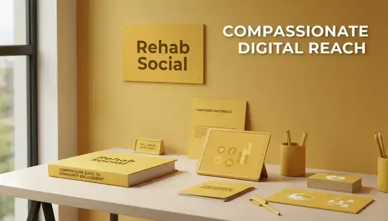 Professional addiction treatment center social media dashboard showing compassionate messaging and community engagement