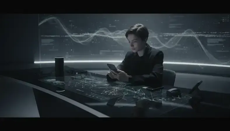 Person having an engaging conversation with AI on their smartphone in a modern setting