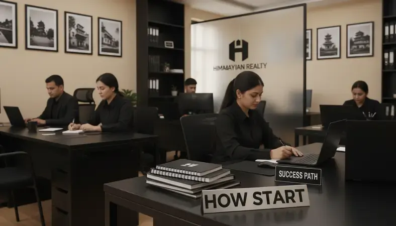 Professional real estate office in Nepal with agents working at desks and property listings on walls