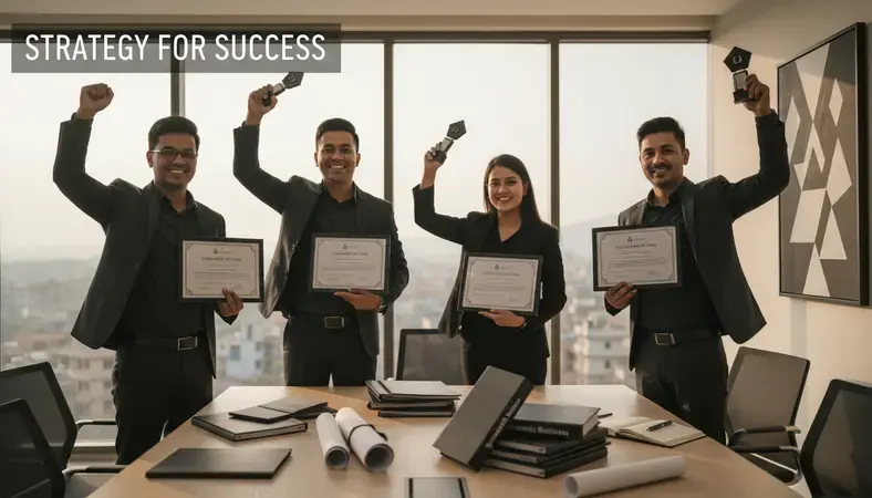 Successful real estate team celebrating in their modern Nepal office with property sale certificates and awards displayed