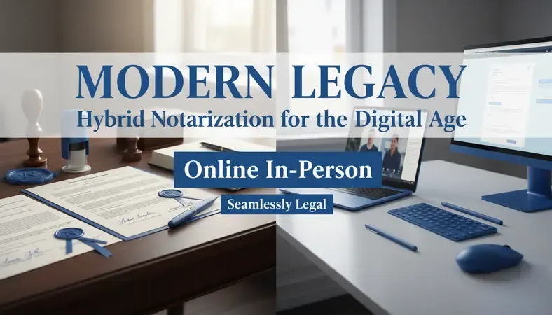 Split screen showing traditional notary office on left and modern laptop setup for remote notarization on right