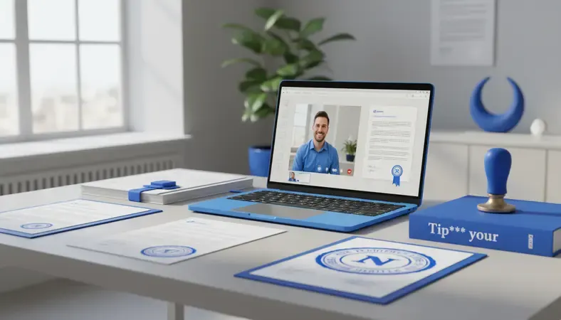 Modern laptop screen showing secure video call with notary, digital documents visible
