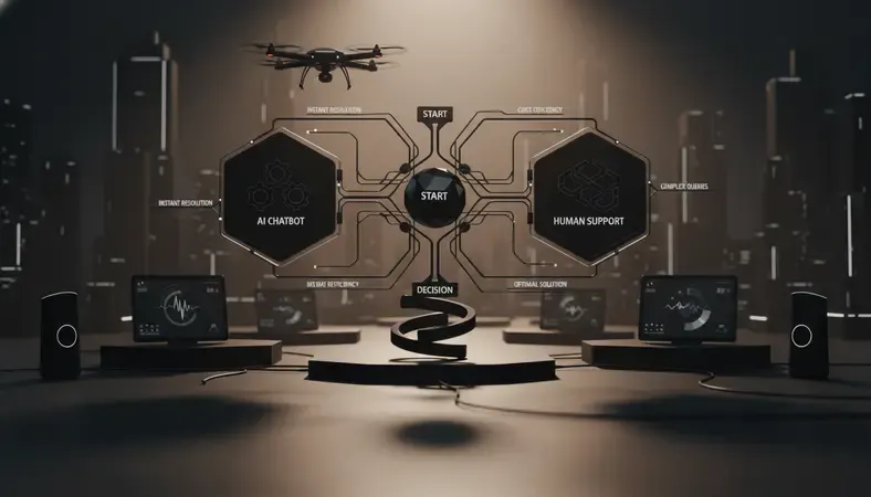 Flowchart showing decision factors for choosing between AI chat bot and human support