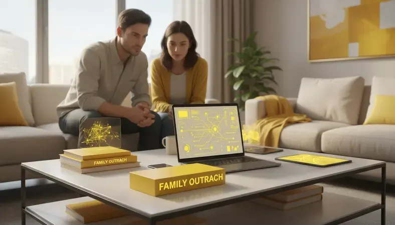 Family members researching addiction treatment options together on a laptop in a supportive home environment