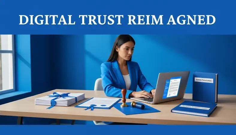 Professional working on laptop with digital documents and electronic signature interface