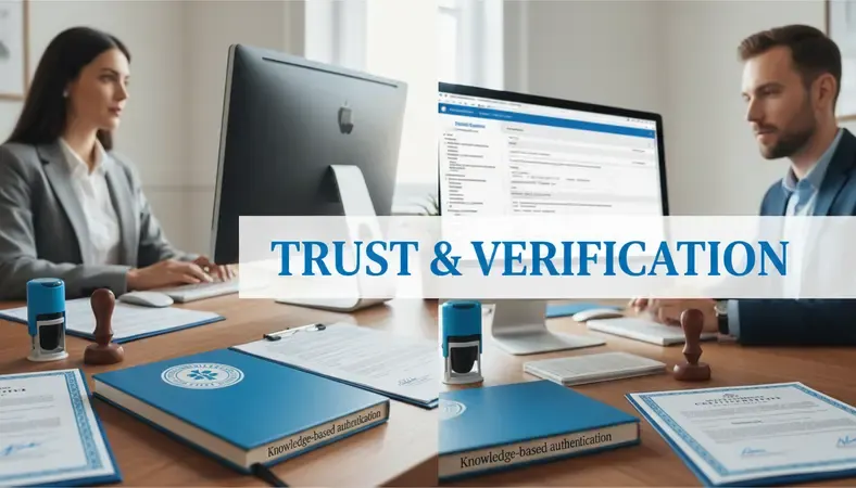 Split screen showing notary and client during remote online notarization session with digital documents