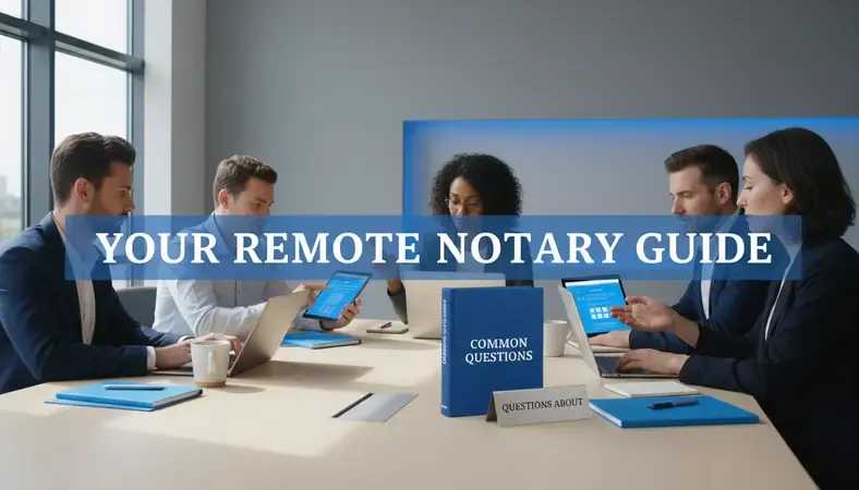 Diverse group of professionals using remote online notarization services on various devices