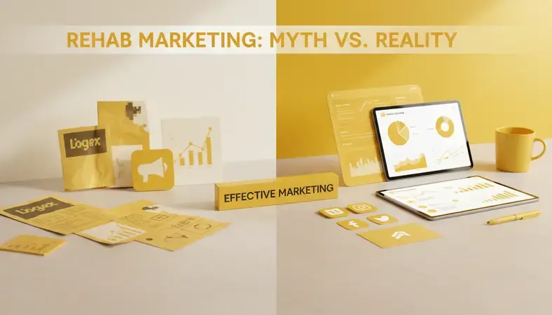Side-by-side comparison showing misconceptions versus reality in rehab marketing strategies