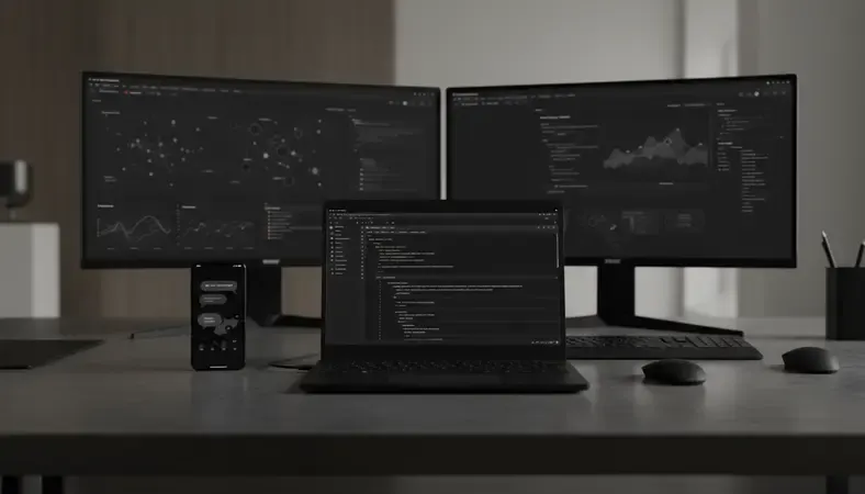 Modern workspace with multiple screens showing various AI chatbot interfaces and development tools
