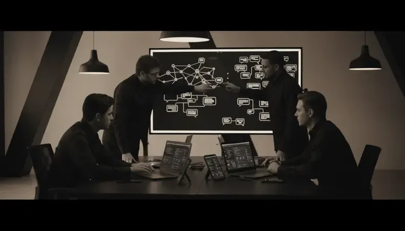 Diverse group of developers collaborating around laptops and whiteboards with AI and chatbot diagrams