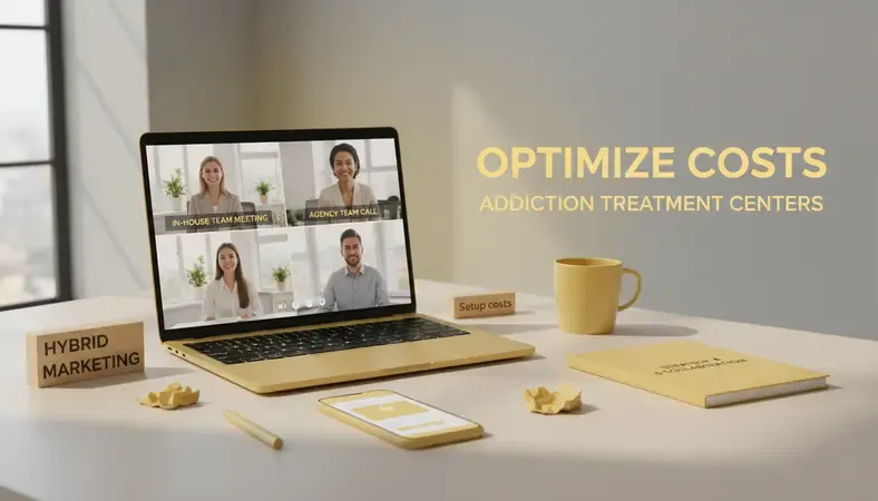 Split screen showing in-house team meeting on left and video call with agency team on right, representing hybrid marketing approach for addiction treatment centers
