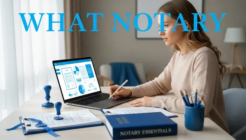 Professional woman studying notary materials on laptop at home office desk