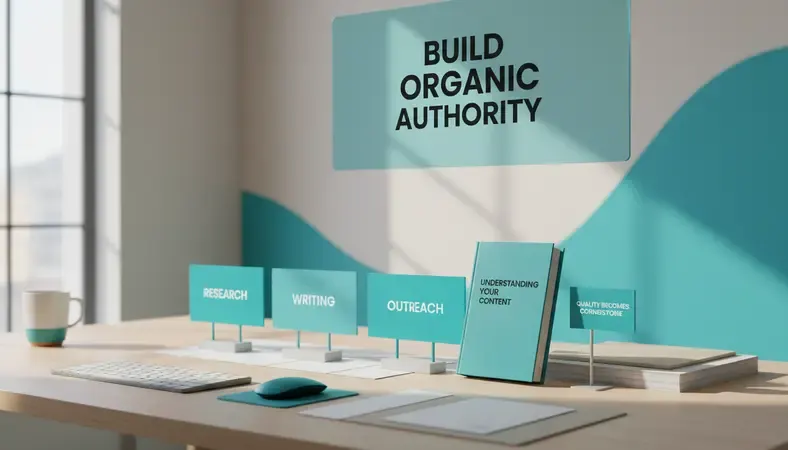 Content creation workflow showing research, writing, and outreach phases for organic authority building