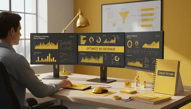Digital marketing specialist analyzing keyword research data and search trends on multiple monitors showing addiction treatment search patterns