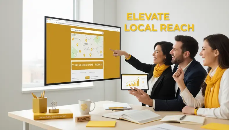 Treatment center staff celebrating improved local search rankings displayed on office wall monitor showing "drug rehab near me" search results