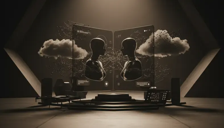 Split screen showing romantic conversation interface with customizable AI companion avatars