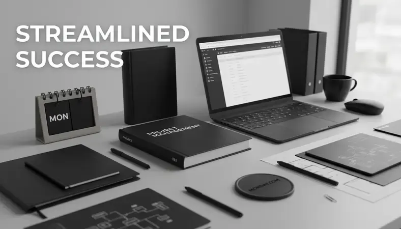 Colorful Monday.com dashboard showing multiple project boards with various column types and status indicators