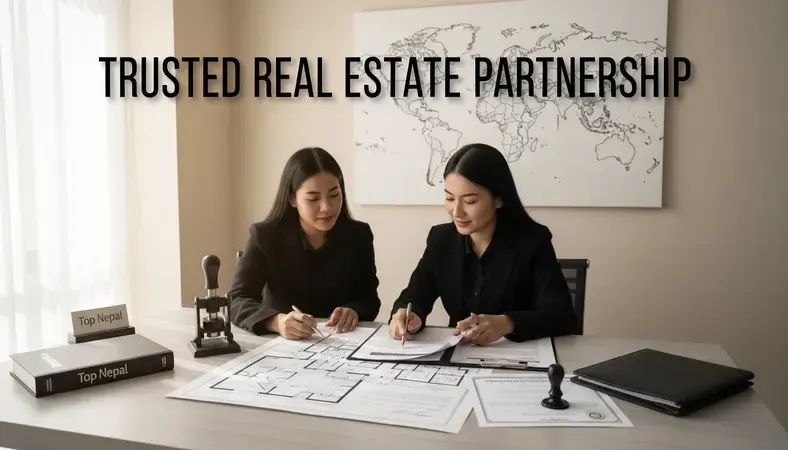 Professional real estate office in Nepal with agents consulting with clients over property documents and maps
