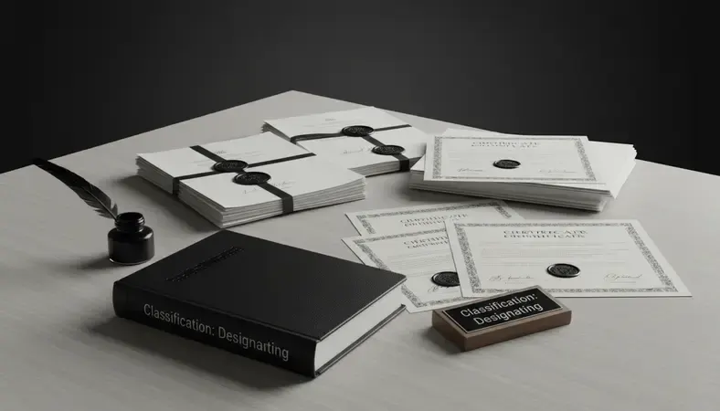 Stack of official property documents and certificates on a desk with official seals visible