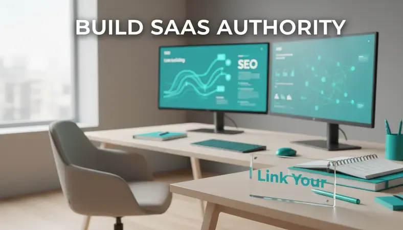 Professional workspace showing multiple screens with SEO analytics and link building strategies