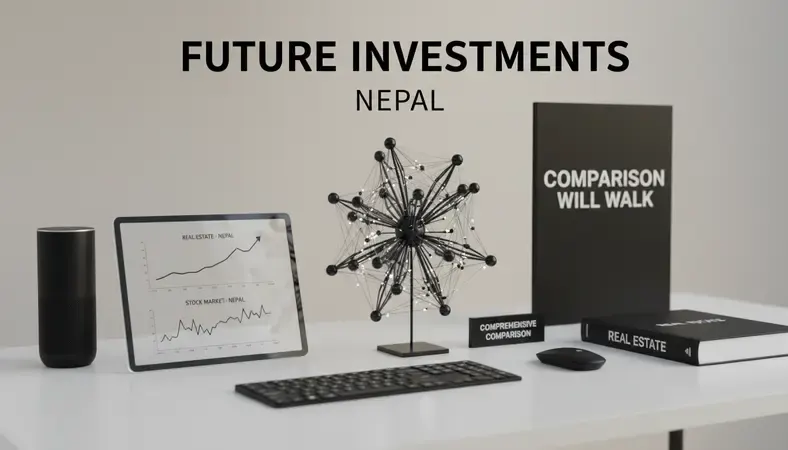 Comparison of real estate properties and stock market charts showing investment options in Nepal