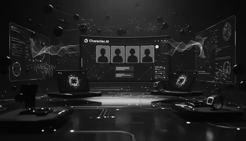 Screenshot of Character.AI interface showing character selection, chat interface, and customization options