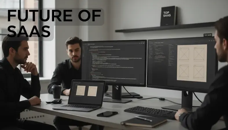 Modern software development team collaborating on SaaS project with multiple monitors showing code and design interfaces