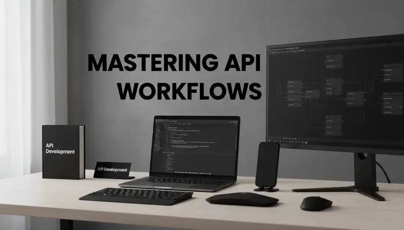 Modern API development workspace showing multiple screens with code, API documentation, and system architecture diagrams