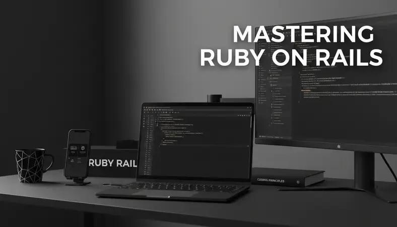 Modern developer workspace with Ruby on Rails code on multiple monitors