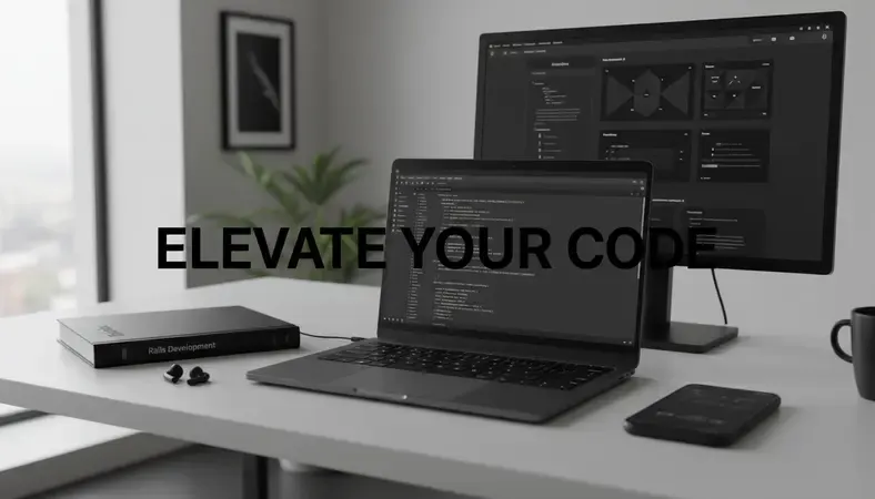 Modern workspace showing Ruby on Rails development environment with multiple monitors displaying code