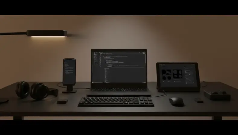 Modern developer workspace showing PWA development tools and mobile devices displaying progressive web apps