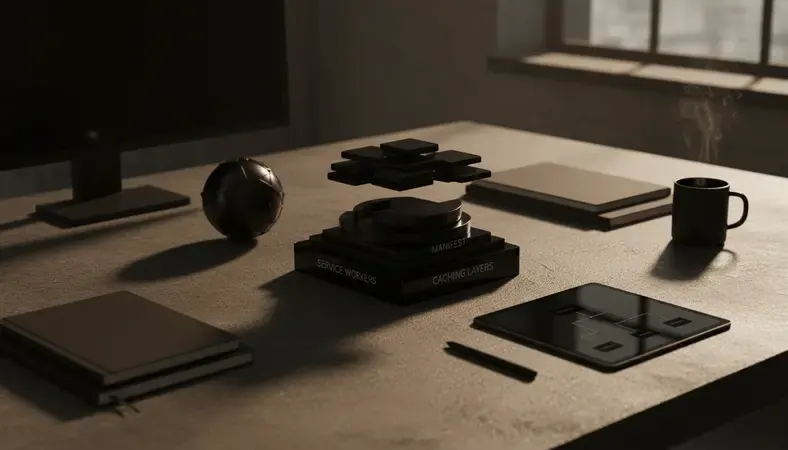 Diagram showing PWA technology stack with service workers, manifest, and caching layers