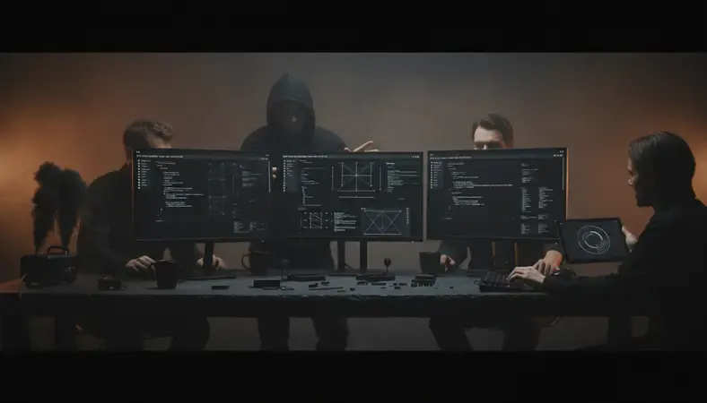Development team working on PWA project with multiple screens showing code, design, and testing interfaces