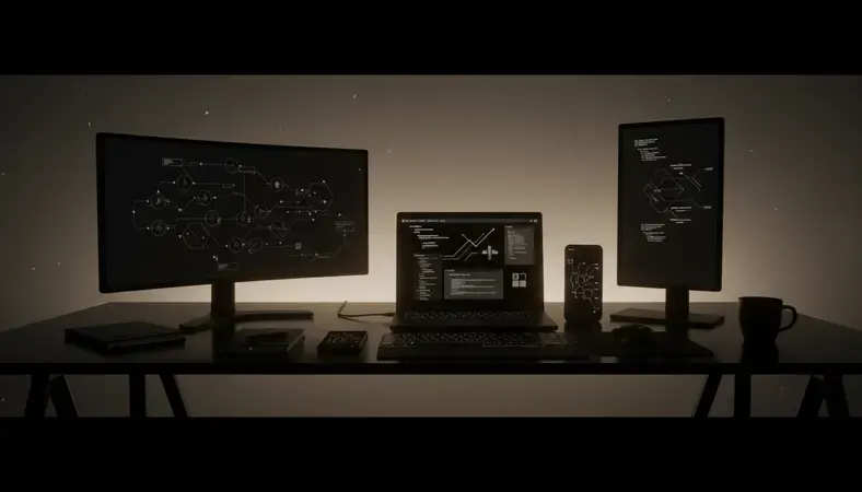 Ruby on Rails development workspace with multiple monitors showing code and documentation