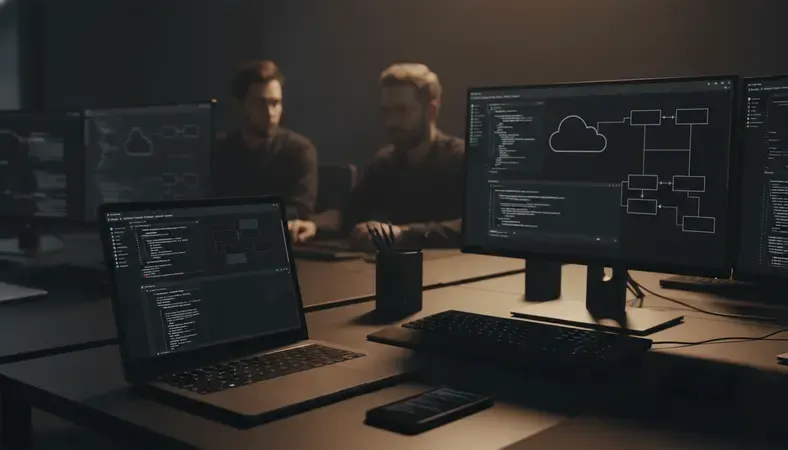 Modern development team collaborating on SaaS architecture with multiple screens showing code and cloud infrastructure