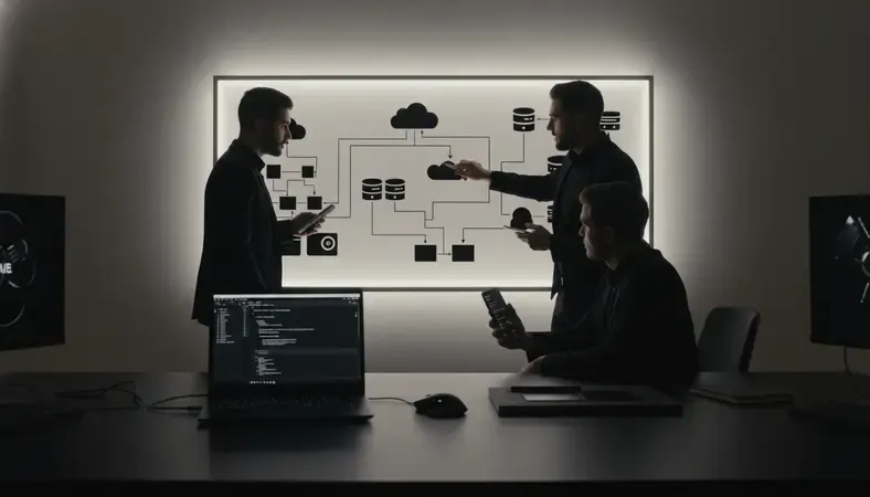 Development team reviewing SaaS architecture diagrams on a whiteboard with cloud services and integration points mapped out