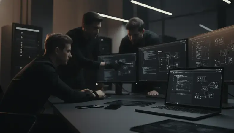 Professional development team collaborating on SaaS platform architecture with multiple monitors and code