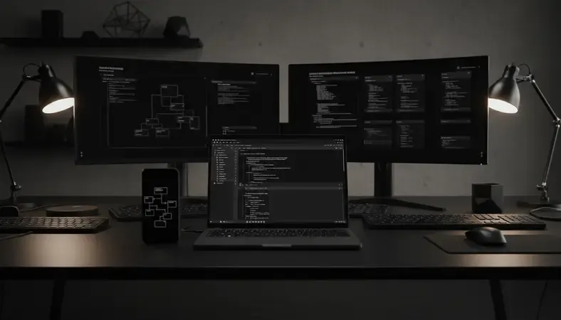 Modern development team working on API architecture with multiple screens showing code and system diagrams