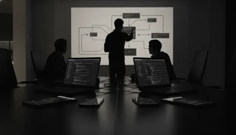 Development team collaborating on API design with whiteboard sketches and computer screens showing code