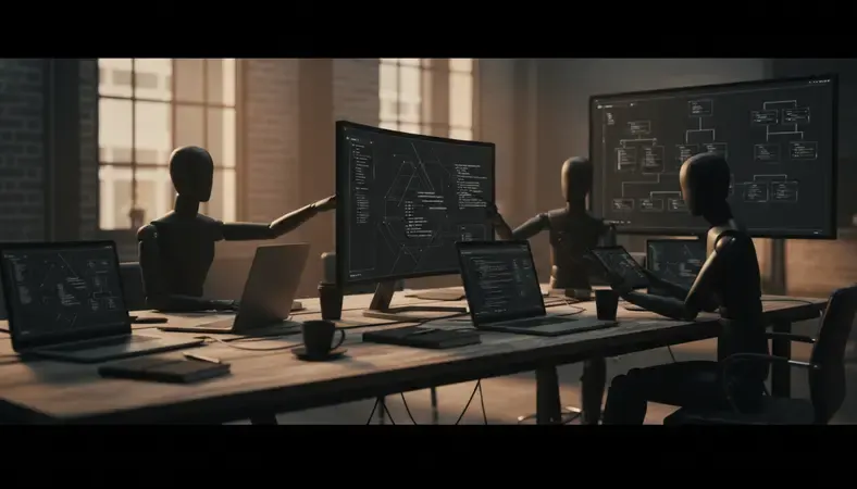 Development team collaborating on code review and project planning across multiple screens