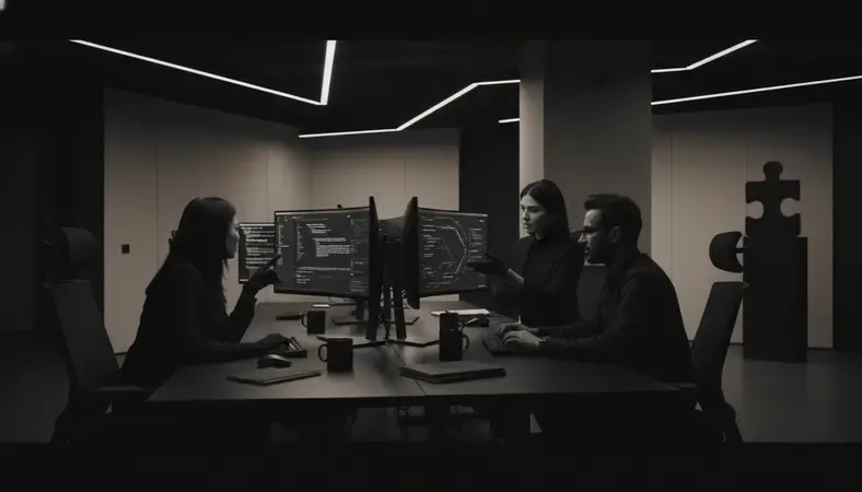 Diverse development team reviewing code together on large monitors in a collaborative workspace