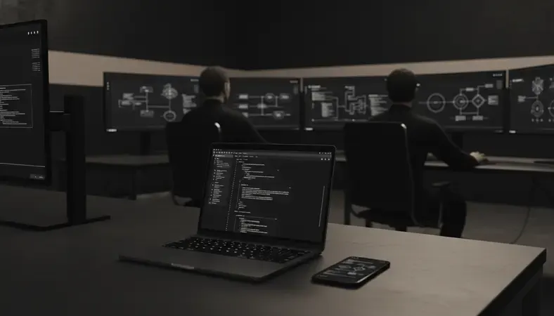 Modern development team working on API integration with multiple screens showing code and system architecture
