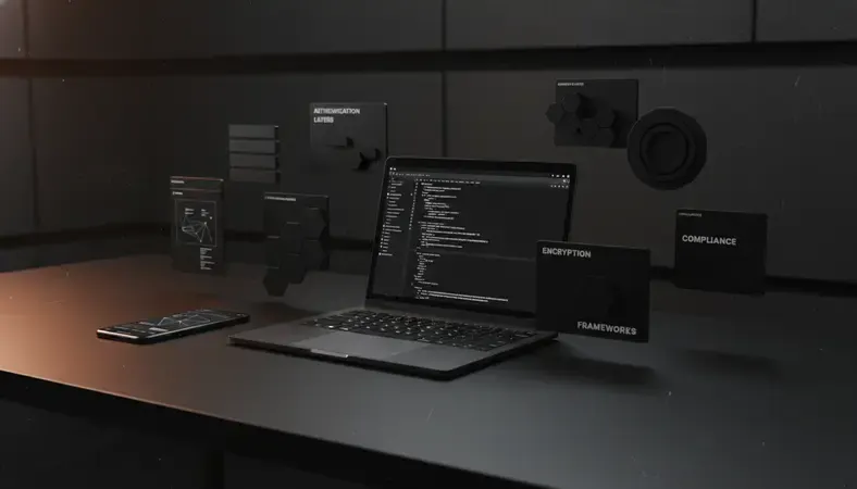 Secure API architecture diagram showing authentication layers, encryption, and compliance frameworks